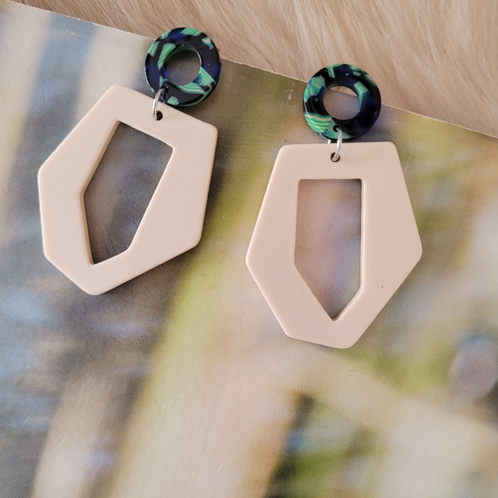 Geometric White and Green Earrings